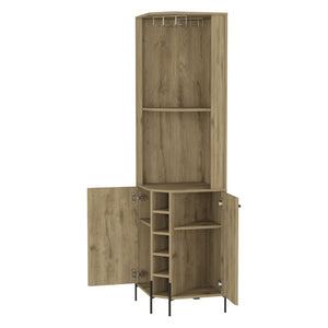 English Elm Reese Corner Bar Cabinet with Wine Rack Stemware Storage and Paneled Double Doors B128S00157