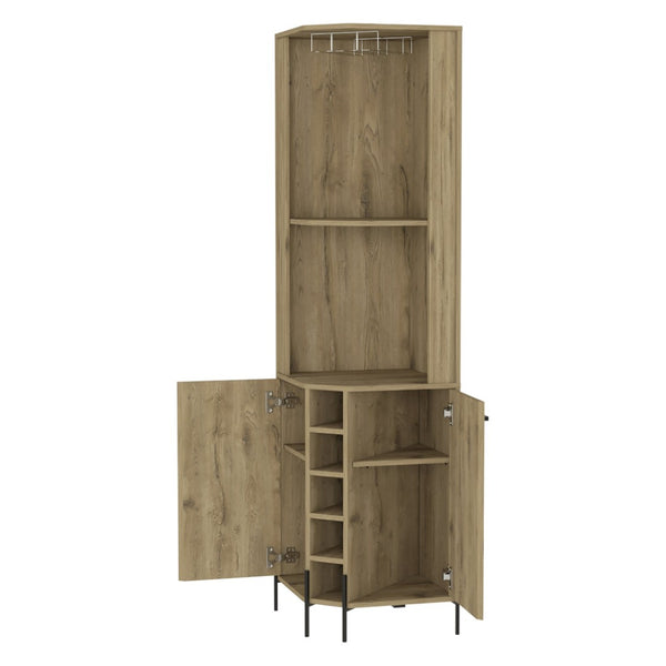 English Elm Reese Corner Bar Cabinet with Wine Rack Stemware Storage and Paneled Double Doors B128S00157