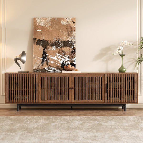 English Elm 78 Inch Walnut Media Console with Slatted Doors Solid Wood Legs and Cable Management N710P374706P
