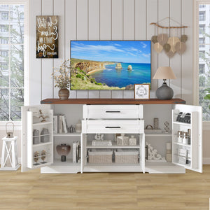 English Elm 63" Farmhouse Barn Door Storage Cabinet with Anti-Tip Safety, Quiet Drawers, Adjustable Shelf & Metal Handles White W2917P319121