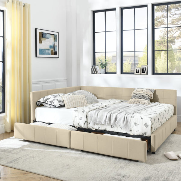 English Elm Queen Size Upholstered Tufted Bed Frame With Sofa-Like Comfort, Elegant Beige Velvet Design W487S00277-GIGA