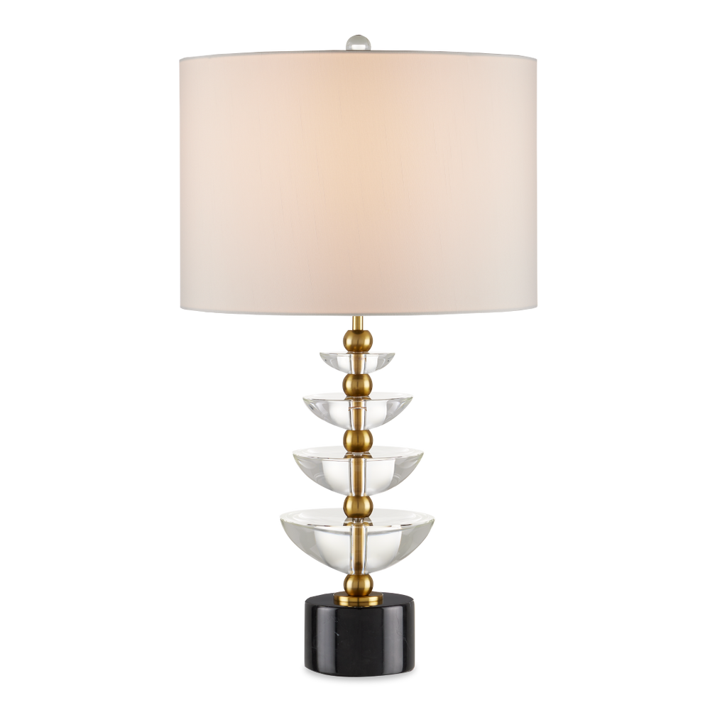 Waterfall Table Lamp - Modern Brass & Crystal Design with Black Marble Base, Off-White Shade, 27.5”
