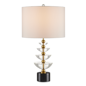 Waterfall Table Lamp - Modern Brass & Crystal Design with Black Marble Base, Off-White Shade, 27.5”