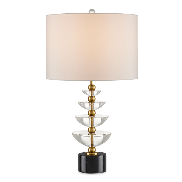 Waterfall Table Lamp - Modern Brass & Crystal Design with Black Marble Base, Off-White Shade, 27.5”