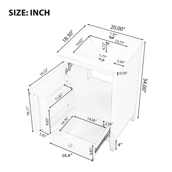 English Elm 20" Compact Bathroom Vanity Grey Mdf Cabinet Ceramic Sink Soft Close Storage N725P351851E