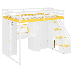 English Elm Full Size Teen Loft Bed with Staircase Shelves Wardrobe Vanity and Led Lighting LT000276AAL