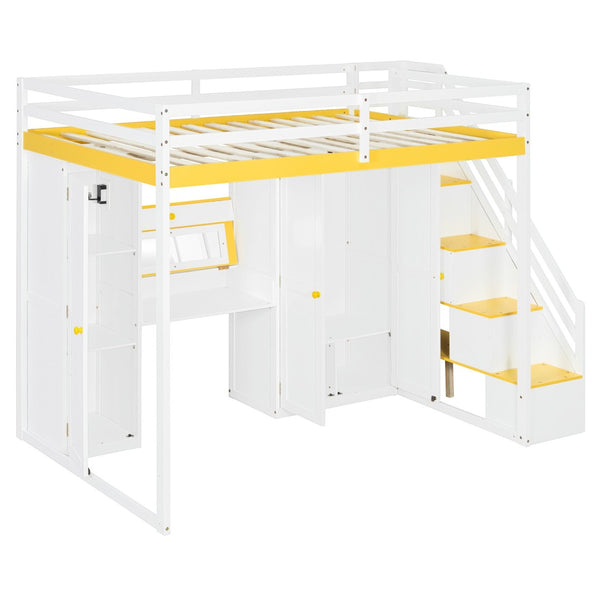 English Elm Full Size Teen Loft Bed with Staircase Shelves Wardrobe Vanity and Led Lighting LT000276AAL