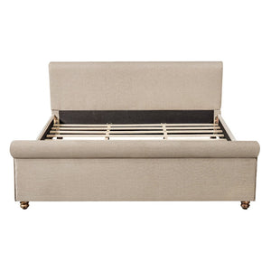 English Elm King Upholstered Bed Linen Fabric Rolled Headboard Rubberwood Legs Primary Bedroom Sand N757K384825S