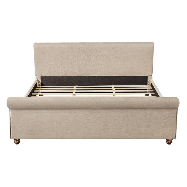 English Elm King Upholstered Bed Linen Fabric Rolled Headboard Rubberwood Legs Primary Bedroom Sand N757K384825S