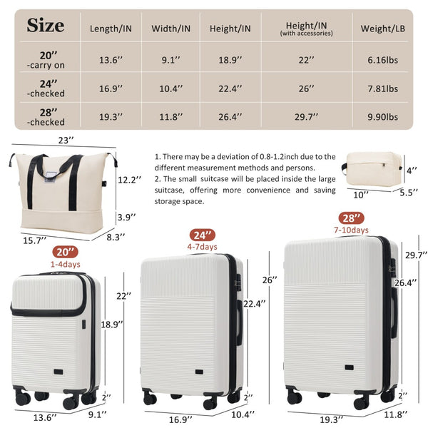 English Elm Luggage 5 Piece Hardside Abs Set with Front Access Carry on and Tsa Spinner Wheels White N732P391579K