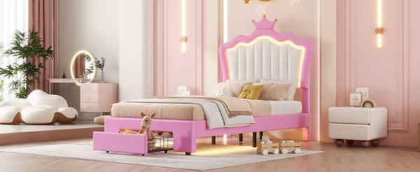 English Elm Twin Upholstered Bed Frame With Led Lights & Crown Headboard - Pink And White, Stylish Storage Solution W2770P190376-GIGA