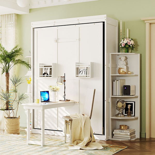 English Elm Rotating Murphy Wall Bed with Convertible Desk Dual Side Shelves Full Size Mdf Cabinet White LP000961AAK