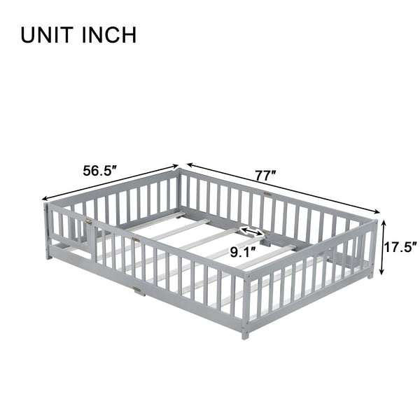 English Elm Full Size Rubberwood Floor Bed with Safety Guardrails and Latching Door for Toddlers Grey W504P429296