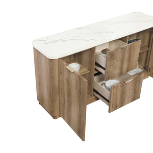 English Elm Donnie Natural Wood Storage Buffet with Marble-Look Top, Farmhouse Cabinet & Drawer Organizer - Rustic Elegance B201P405696