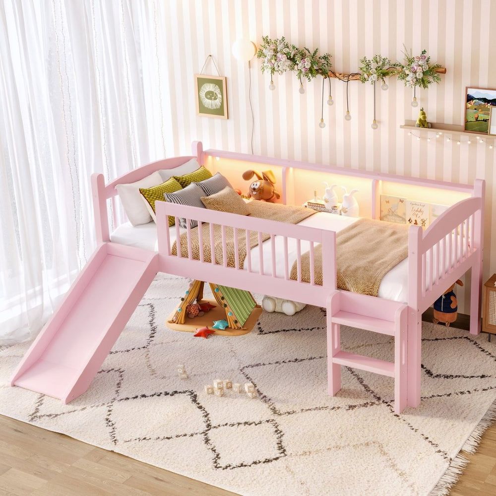 English Elm Twin Low Loft Bed Solid Pine Frame with Built-in Led Lighting and Storage Shelves Pink W1580P395929