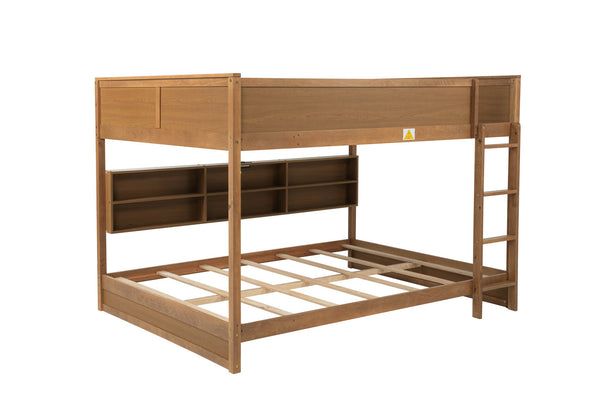 English Elm Queen Over Queen Floor Bunk Bed with Built-In Storage Shelves, USB Charging Station, Solid Pine Frame, Safety Rails and LadderDesigned for Space Saving and Modern Bedrooms Wheat W504S00259