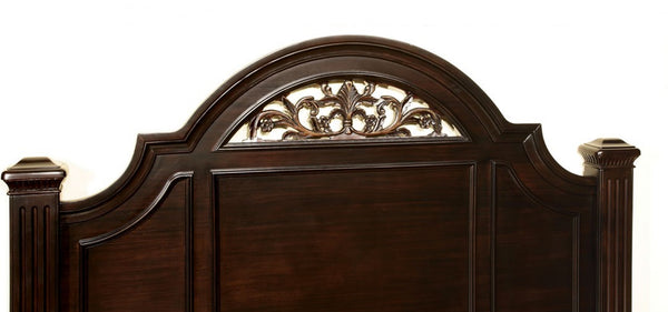 English Elm Queen Panel Bed with Floral Paneled Headboard & Footboard, Dark Walnut Finish, Antique Brass Accents B2741S00045