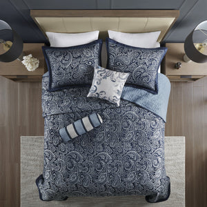 English Elm 5 Piece Aubrey Reversible Jacquard Bedspread Set King with Paisley Motif, Gold Sheen, Quilted Elegance Navy 22.83 L x 18.11 W x 7.48 H B03597644