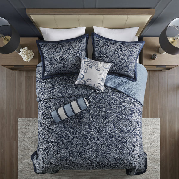 English Elm 5 Piece Aubrey Reversible Jacquard Bedspread Set King with Paisley Motif, Gold Sheen, Quilted Elegance Navy 22.83 L x 18.11 W x 7.48 H B03597644