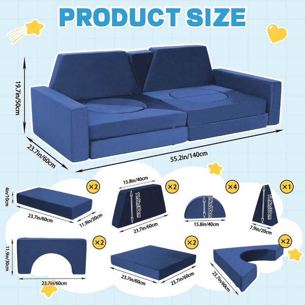 English Elm 14pcs Modular Foam Play Couch Set Convertible Toddler Fort Builder for Playrooms Blue T5880P493446