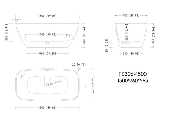 English Elm 59" Freestanding Soaking Tub Matte White Stone Resin Deep Basin Spa Bathroom T3785P490212