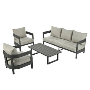 English Elm U_style Iron Frame Outdoor Seating Set with Plush Cushions and Faux Wood Accent Table N711P255067A