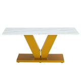 English Elm Modern Minimalist Coffee Table. Tempered Glass With Stickers Tabletop,Golden Mdf Pillars. Suitable For Living Room and Dining Room