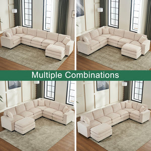 English Elm Modern U Shaped 6-Seat Sectional Sofa with Ottoman and 3 Toss Pillows, Corduroy Modular Comfort and Durable Frame White W2363S00039