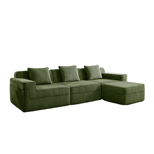 English Elm Modular 3-Seat L-Shape Sectional Sofa - Cloud-Like Comfort, Removable Pillows & Movable Ottoman, Green W3041S00332