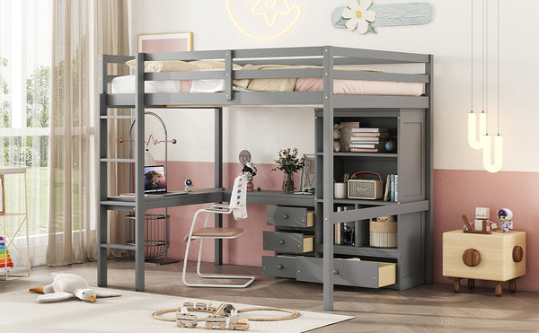 English Elm Full Size Loft Bed With Desk, Storage Solutions, Built-In Ladder & Guardrails For Safe Use In Grey W504S00160