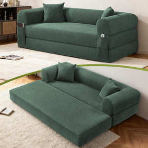English Elm Convertible Corduroy Sleeper Sofa Queen Fold Out Bed with Dual Storage Pockets Light Green W3396P483185