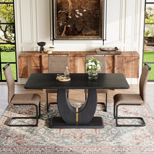 English Elm Black Wood Grain Mdf Dining Set Seats Four with Brown Fabric Upholstered Chairs W1151S04443
