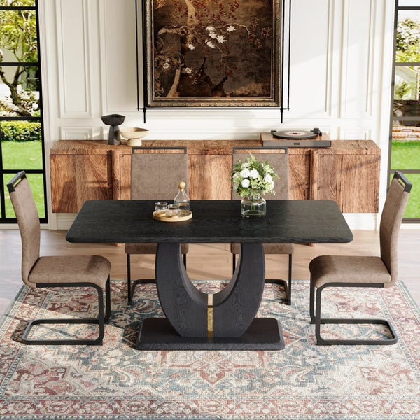 English Elm Black Wood Grain Mdf Dining Set Seats Four with Brown Fabric Upholstered Chairs W1151S04443
