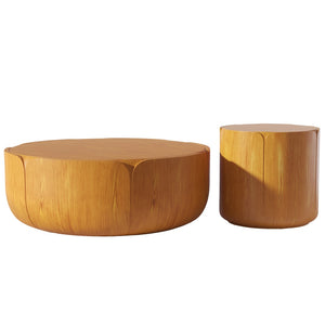 English Elm Round Mgo Drum Coffee Table Set Weatherproof Wood Grain Finish for Patio or Living Room Natural W757S00050