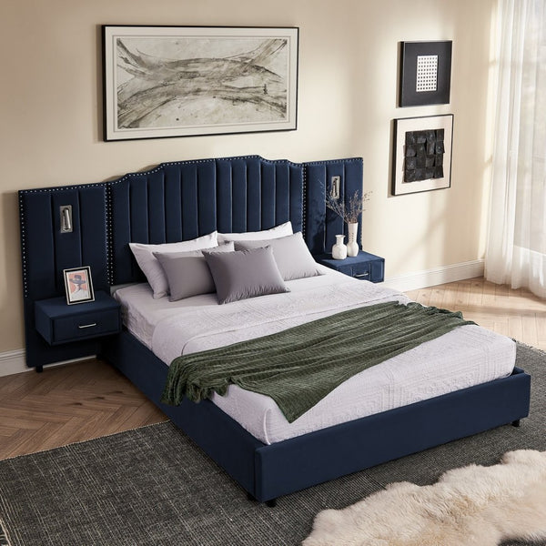 English Elm Queen Velvet Platform Bed with Tufted Headboard Integrated Nightstands and Striped Design Dark Blue W487S00442