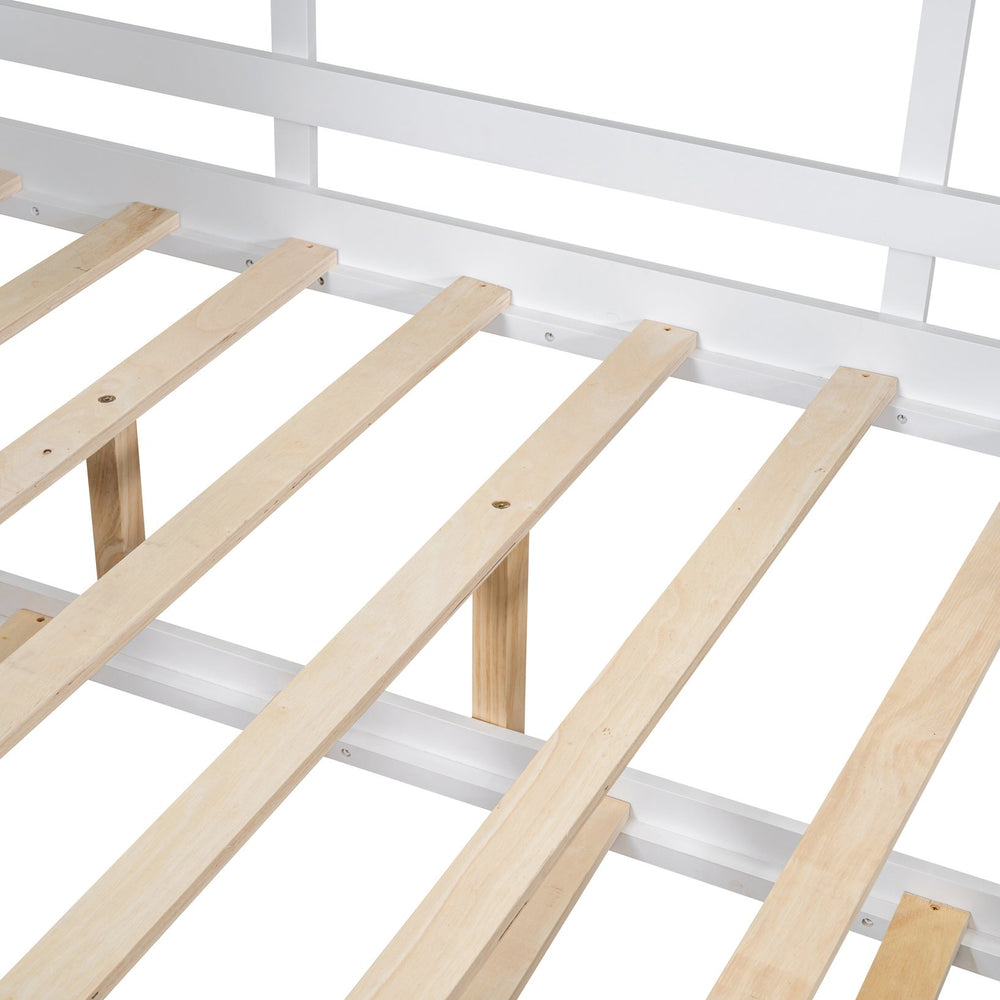 English Elm Wooden Full Size House Bed with Trundle and Built-In Shelves — Modern Pine Frame, Whimsical Roof Design White 57.2 L x 16.25 W x 5.9 H N733S316125K