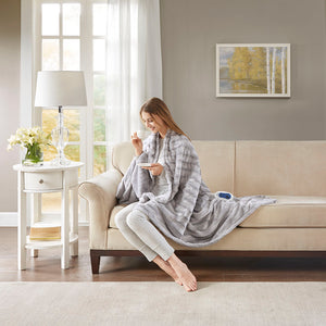 JLA Home Beautyrest - Faux Fur Heated Throw Oversized Plush Electric Blanket with Low-EMF Secure Comfort Heating, OEKO-TEX Certified Grey BR50-0753