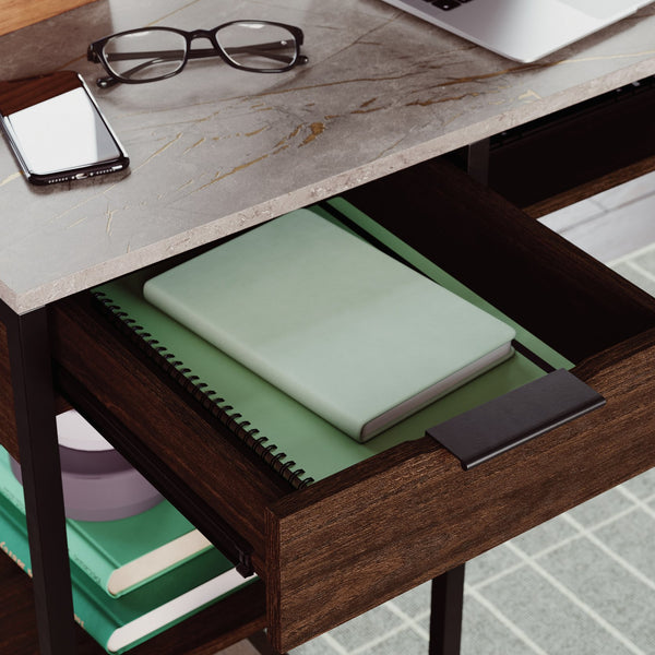English Elm L-Shaped Desk In Warm Brown Finish, Stylish Corner Workspace With Hidden Storage & Durable Frame B356P367862
