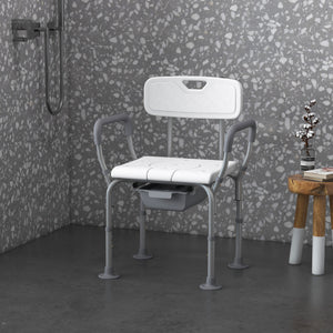 English Elm HOMCOM Adjustable 3-in-1 Shower Chair with Back & Arms, Raised Commode Seat, Suction Feet for Seniors W2225P217468
