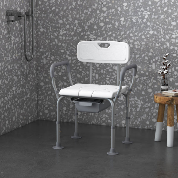 English Elm HOMCOM Adjustable 3-in-1 Shower Chair with Back & Arms, Raised Commode Seat, Suction Feet for Seniors W2225P217468
