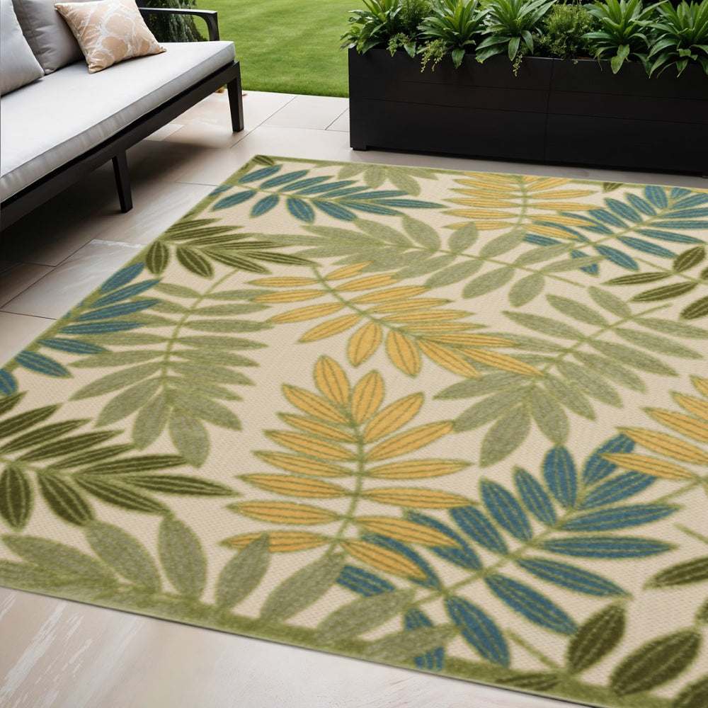HomeRoots 5' Tropical Palm Leaf Area Rug in Green, Yellow & Blue – Durable, Indoor/Outdoor, Easy Care! 548050