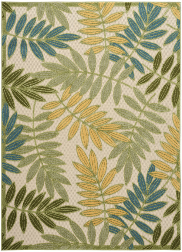 HomeRoots 5' Tropical Palm Leaf Area Rug in Green, Yellow & Blue – Durable, Indoor/Outdoor, Easy Care! 548050