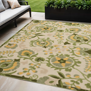 HomeRoots 5' Elegant Ivory, Green & Yellow Floral Area Rug – Indoor/Outdoor, Durable, Easy-Clean Style 548055