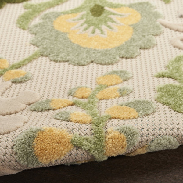 HomeRoots 5' Elegant Ivory, Green & Yellow Floral Area Rug – Indoor/Outdoor, Durable, Easy-Clean Style 548055