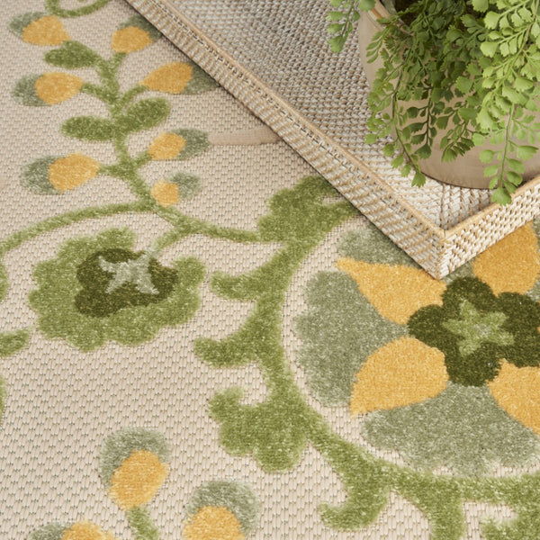 HomeRoots 5' Elegant Ivory, Green & Yellow Floral Area Rug – Indoor/Outdoor, Durable, Easy-Clean Style 548055