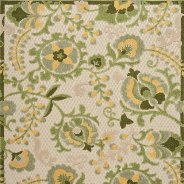 HomeRoots 5' Elegant Ivory, Green & Yellow Floral Area Rug – Indoor/Outdoor, Durable, Easy-Clean Style 548055