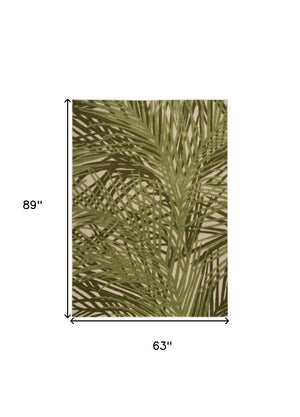 HomeRoots 5' Tropical Ivory and Green Palm Leaf Area Rug - Durable Indoor Outdoor Design for Versatile Spaces 548057