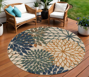 HomeRoots 8' Vibrant Blue Green Orange Round Floral Area Rug for Indoor Outdoor Spaces - Durable & Stylish! 548059