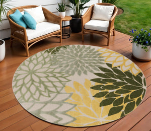 HomeRoots 8' Round Floral Area Rug in Ivory, Green & Yellow – Durable, Stain-Resistant for Indoor/Outdoor Use 548061