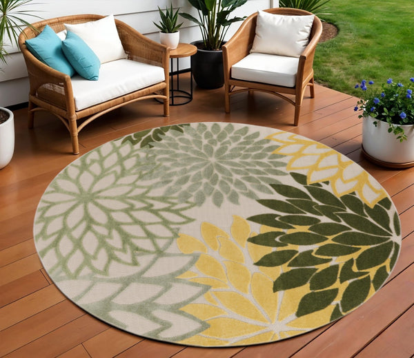 HomeRoots 8' Round Floral Area Rug in Ivory, Green & Yellow – Durable, Stain-Resistant for Indoor/Outdoor Use 548061
